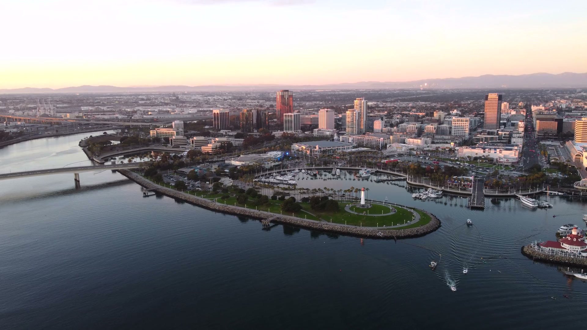 Downtown Long Beach at dusk, from the harbor